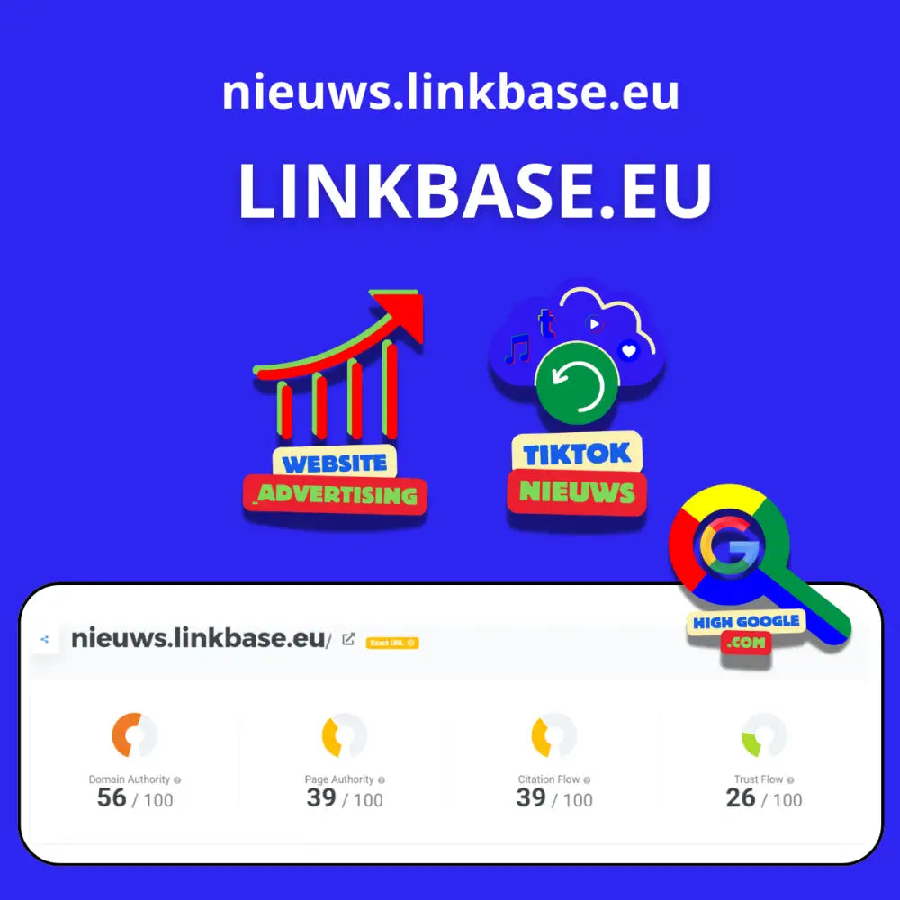 Website analytics dashboard van Backlink Linkbase met prestatiegegevens en sociale media iconen