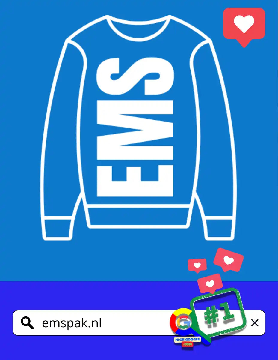 Blauwe sweatshirt met 'EMS' tekst in witte letters.