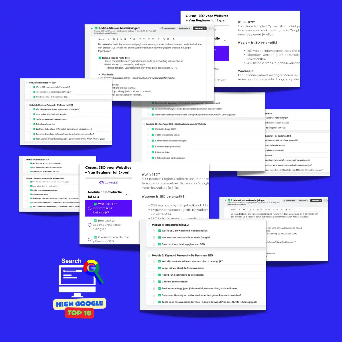 Verzameling van checklists voor zoekmachineoptimalisatie (SEO) en documentatiescreenshots gerangschikt op een blauwe achtergrond.