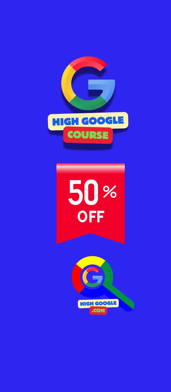 Kleurrijk Google-logo ontwerp met 'HOOG GOOGLE' tekst en een 50% korting banner.