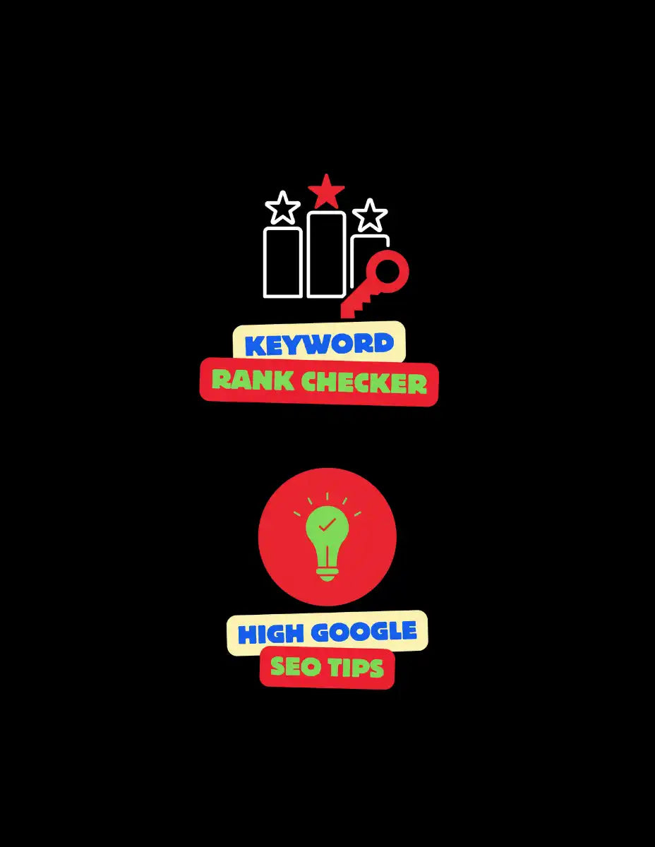 Logo-ontwerp met iconen voor keyword rank checker en SEO-tips in rood, wit en blauw.