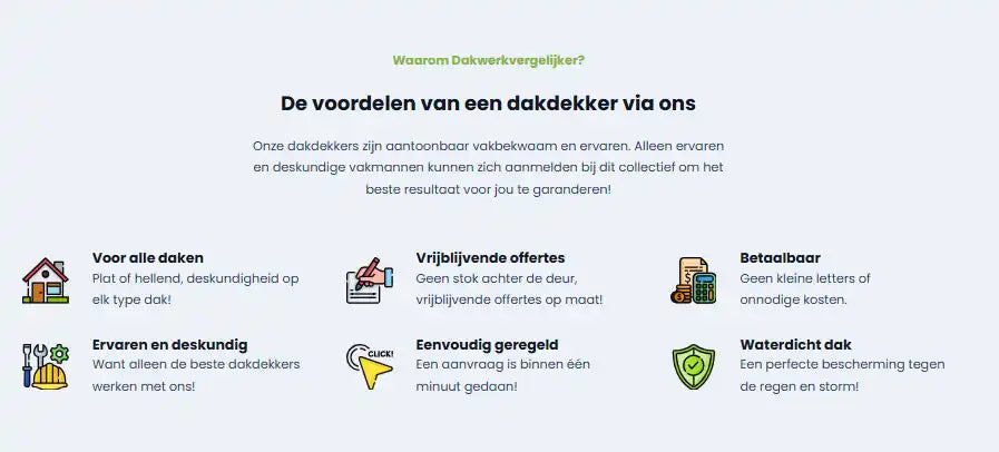 Een webpagina die de voordelen van het inhuren van een dakdekker via een dienst uitlegt.