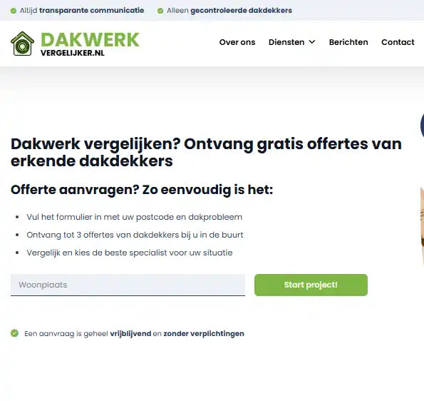 Een website voor het vergelijken van dakdekkersdiensten en het aanvragen van offertes.